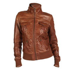 Women's zip up waxed cognac leather jacket with ribbed cuffs and hem