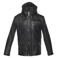Jules black Buttoned up hooded leather jacket
