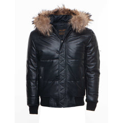 Traynor's Puffer Winter Leather Jacket with ribbed cuffs and waist and fur trim hoodie
